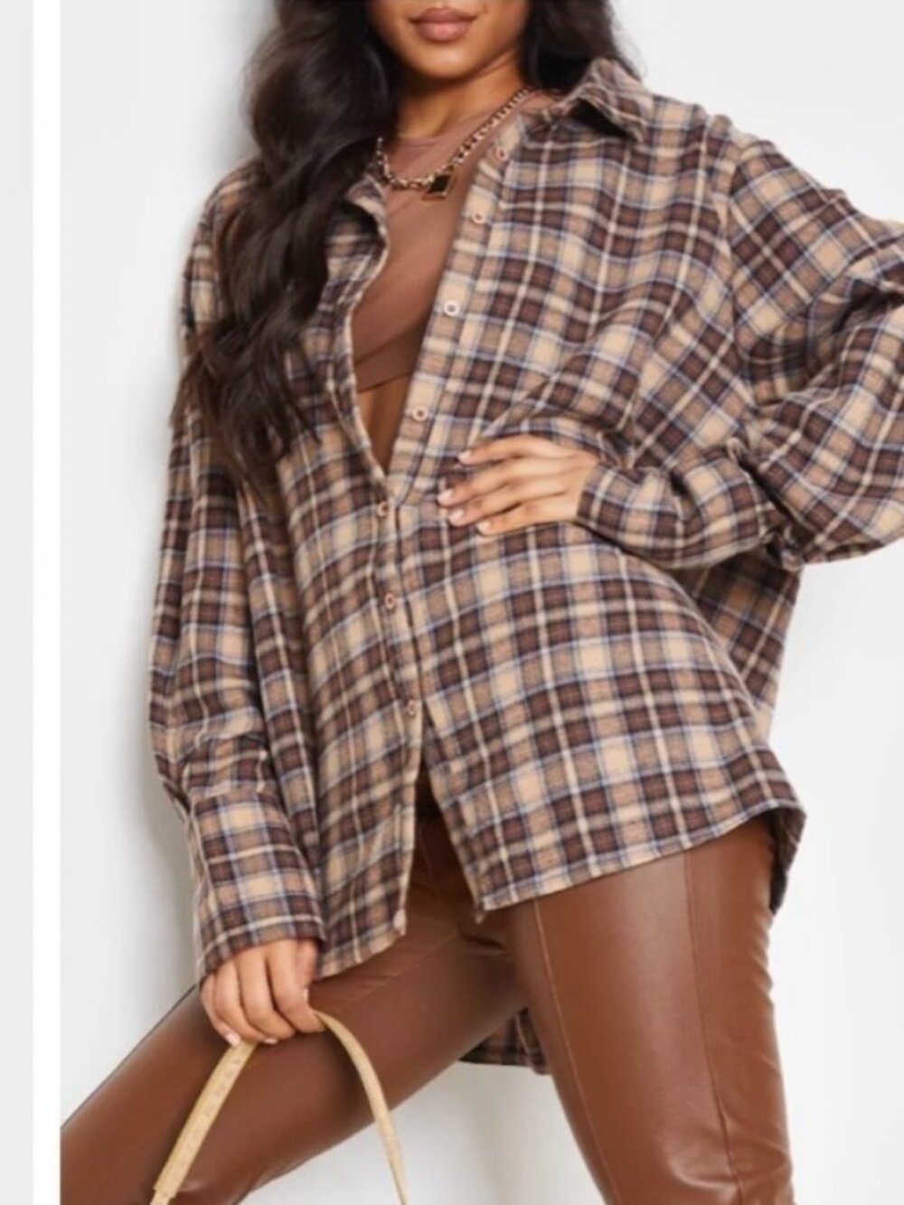 PLT Retro Cozy Chocolate Brown Checked Plaid Oversized Button Up Shirt Size US 8